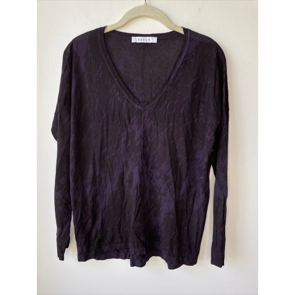 Kokun Sweater Women XS Purple Black Bamboo Cashmere Blend V-Neck Pullover Grunge
